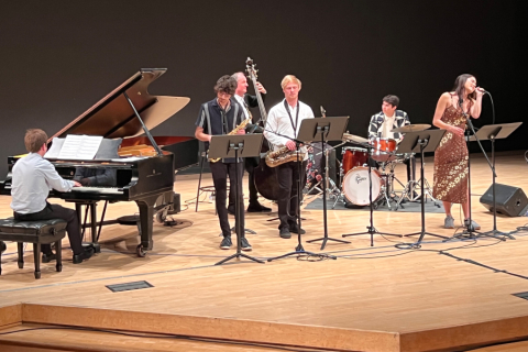 Piano and other instruments with musicians on stage