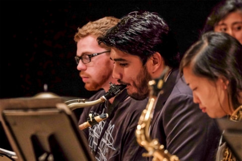 Saxophone musicians during performance 