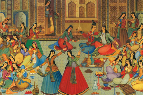 Colorful artwork of an ancient Persian setting
