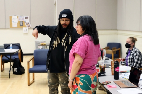 Sam Allen, an M.F.A. student, and guest director Sarah Guerrero during a rehearsal 